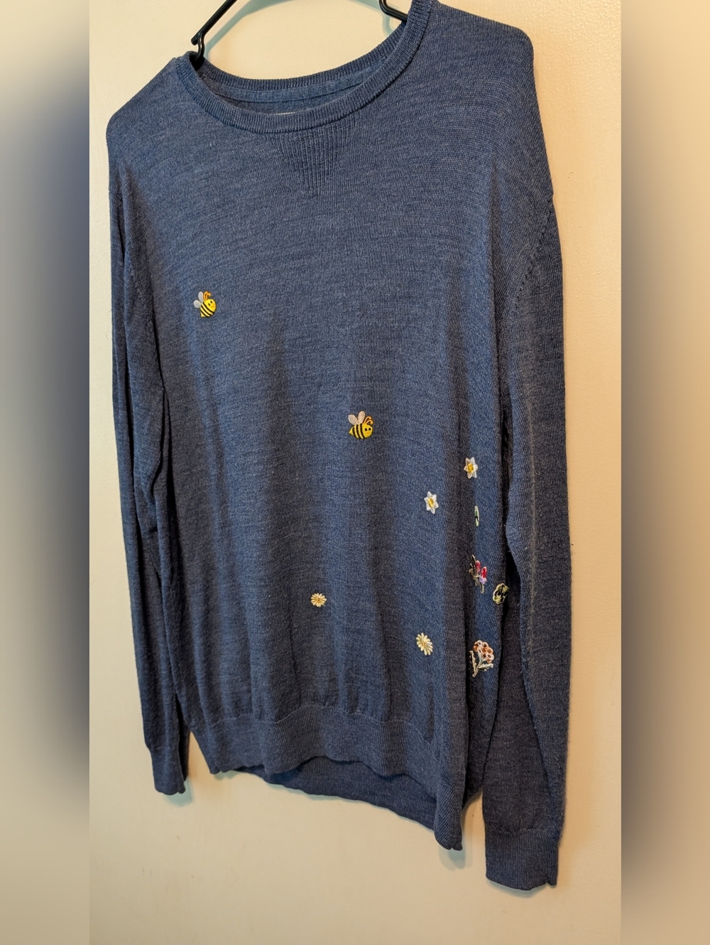 Goodthreads Navy Crewneck 100% Merino Wool Sweater Bee Floral Upcycled